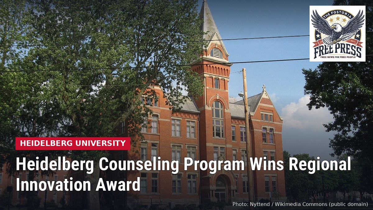 University Hall, a red brick building with a tall tower on the Heidelberg University campus in Tiffin, with headline: Heidelberg Counseling Program Wins Regional Innovation Award